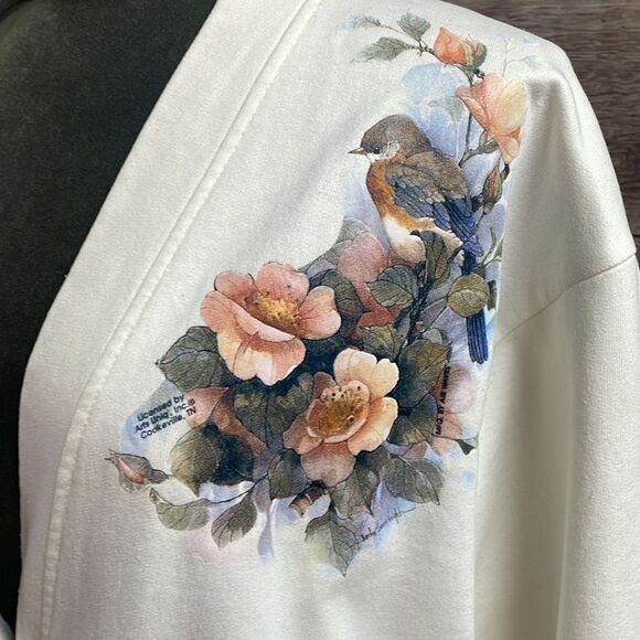 Ladies Button Up Cardigan Jacket, Size Large, White with Birds and Floral Design - Picture 5 of 12